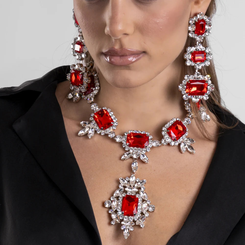 Stonefans Red Exaggerated Set Costume Necklace Earring for Women Engagement African Wedding Jewelry Sets for Bride Accessories