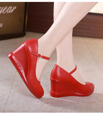 high quality leather shoe for women 7cm wedge high heel platform round toe 32 33 42 43 elegant and fashion shoe white red black