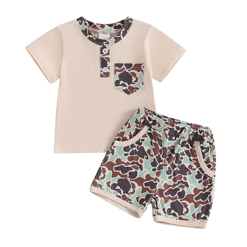Boys Casual Summer Outfits Short Sleeve T-Shirts and Camouflage Shorts Set with Elastic Waistband for Toddlers 2 Pieces
