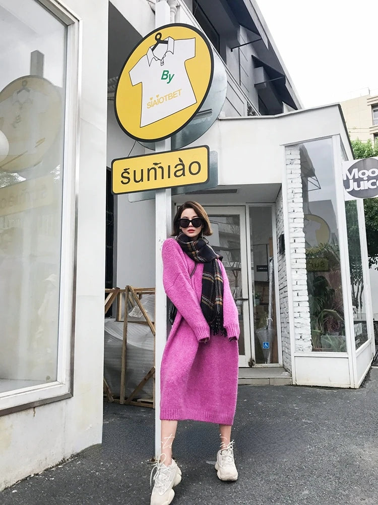 Winter Women Dress Fall Sweater Women Dress Long Sleeve Knitted Dresses Maxi Vintage Oversize Dresses Knitting Thick Warm Purple