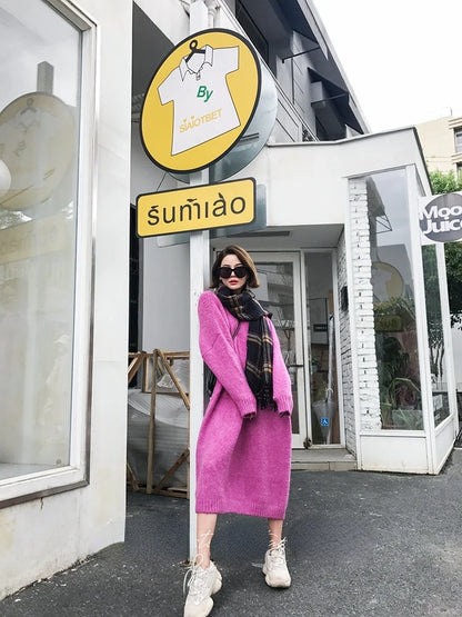 Winter Women Dress Fall Sweater Women Dress Long Sleeve Knitted Dresses Maxi Vintage Oversize Dresses Knitting Thick Warm Purple