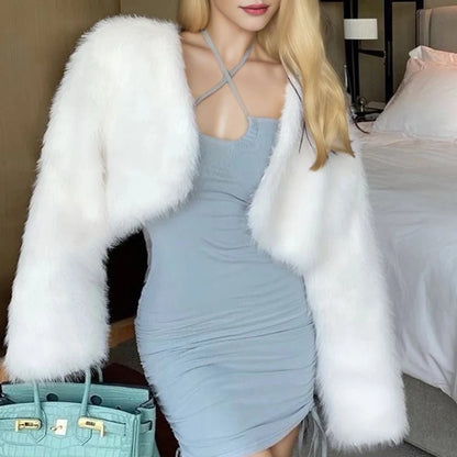 2025 Women Winter Plus Size Faux Fur Cropped Coat Female Furry Long Sleeve Plush Jacket Lady Large Fake Fur Warm Fluffy Cardigan