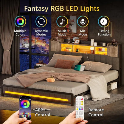 Queen Bed Frame with Storage Bookcase Headboard & LED Lights,Upholstered Bed Frame with USBCharging Station,No Box Spring Needed