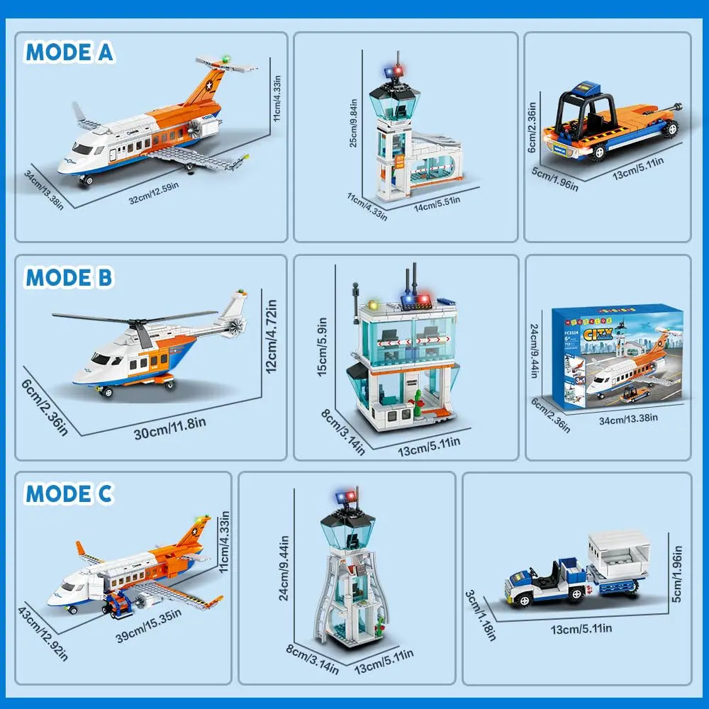 HOGOKIDS City Passenger Airplane Building Set-STEM 3 in 1 Airport Toy with Baggage Truck Radar Tower Shuttle Bus for Kid6+ Adult