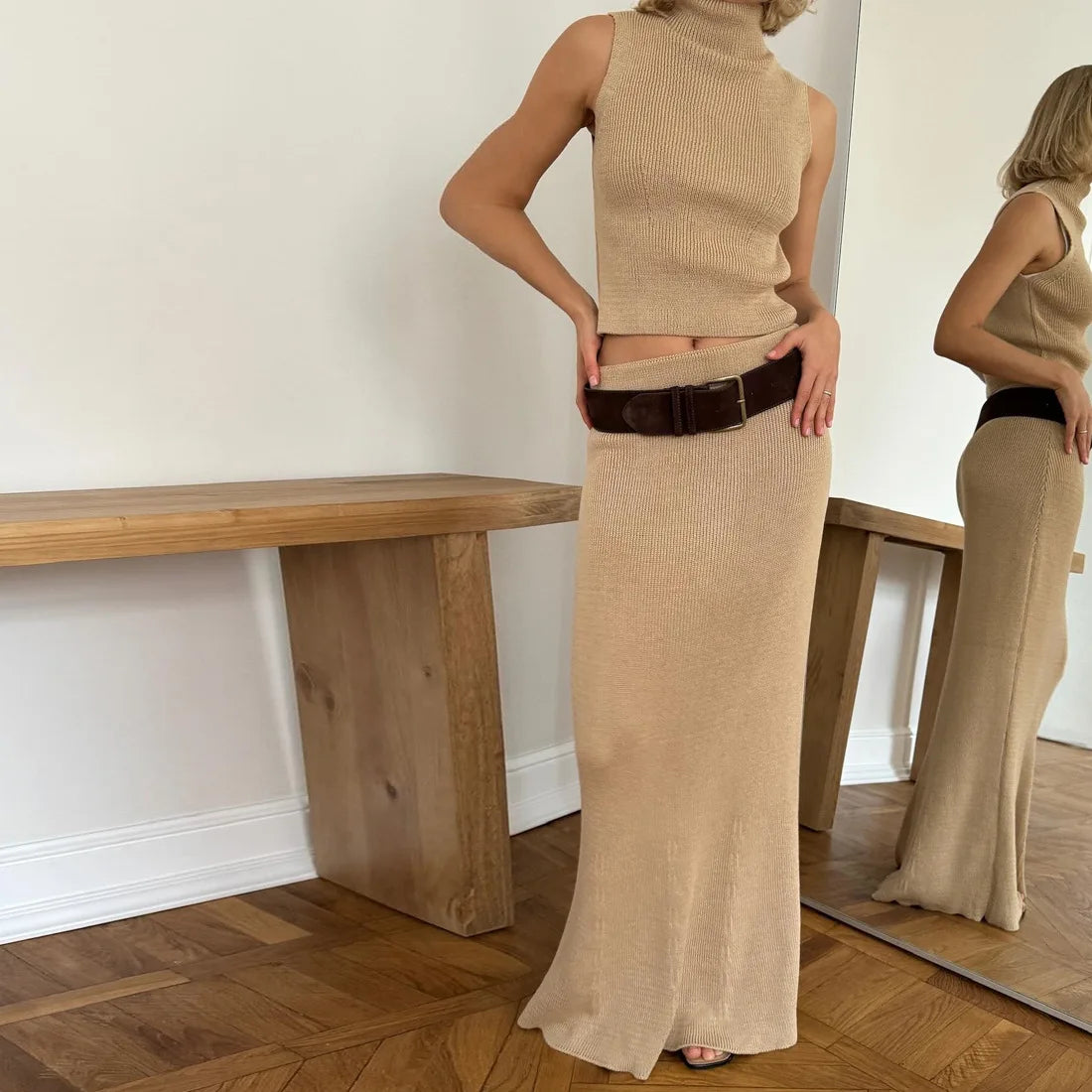 Autumn Elegant Long Skirt Two-piece Set Women's Sleeveless Knitted Turtleneck Vest Slim Skirt Set Female New Fashion Skirt Set