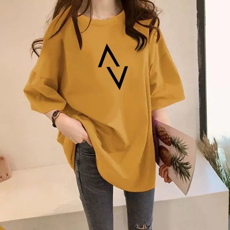 Summer Short Sleeve Crew Neck Women's Pullover Geometric Solid Color T-shirt Midi Casual Loose Comfortable All-match Tops