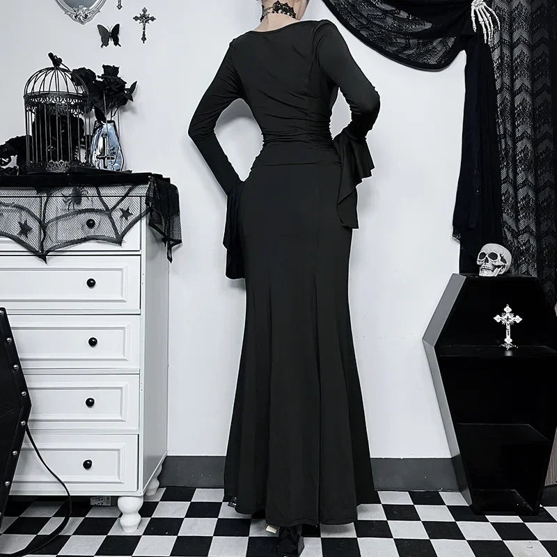 Cosplay Wednesday Dress Lady Halloween Costume for Women Sexy Long Fishtail Skirt Female Pagoda Sleeve Christmas Family Part # 1