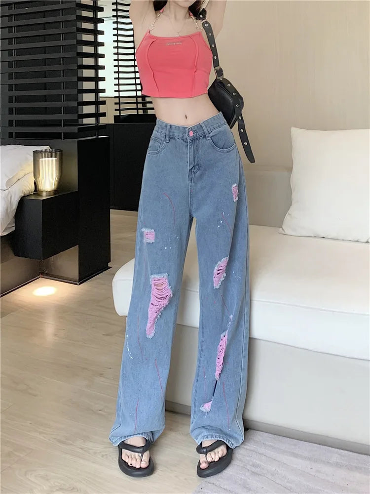 Jeans Women Ripped Niche Design 2025 Summer New High-waisted Slimming Loose Casual Straight Wide-leg Pants