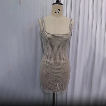 NIDANSSI 2025 Diamonds Glitter Backless Sexy Dress For Women Robes Evening Club Party Dress Bodycon Mini Summer Dress Vestidos