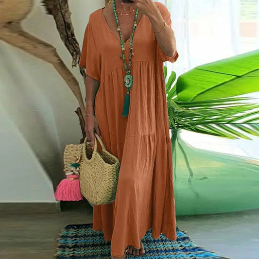 Summer New Casual Solid Color Cotton Hemp Short Sleeve Long Women's Dress Simple Loose Beach Maxi Female Fashion Dresses 2023