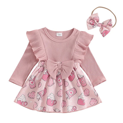 Infant Girls Rompers Dress Valentine s Day Outfit Bear Heart Print Skirt Hem Long Sleeve Spring Jumpsuits with Matching