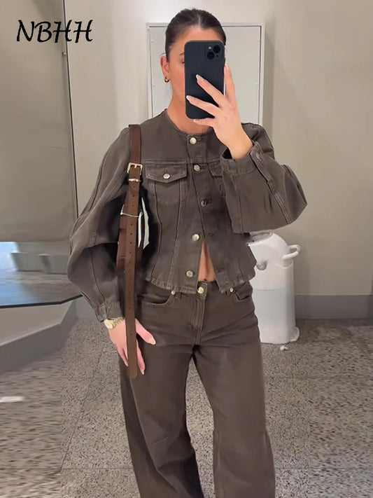 Vintage Solid Denim Jacket Pants Sets Women O-neck Single Breasted Long Sleeve Coat Wide Leg Trousers 2025 Jeans Outfits Street