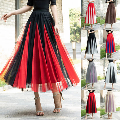 Women Color Block A-line Skirt Mid Length Drape Feeling High Waist Slim Mesh Skirts Carnival Festival Party Performance Costume