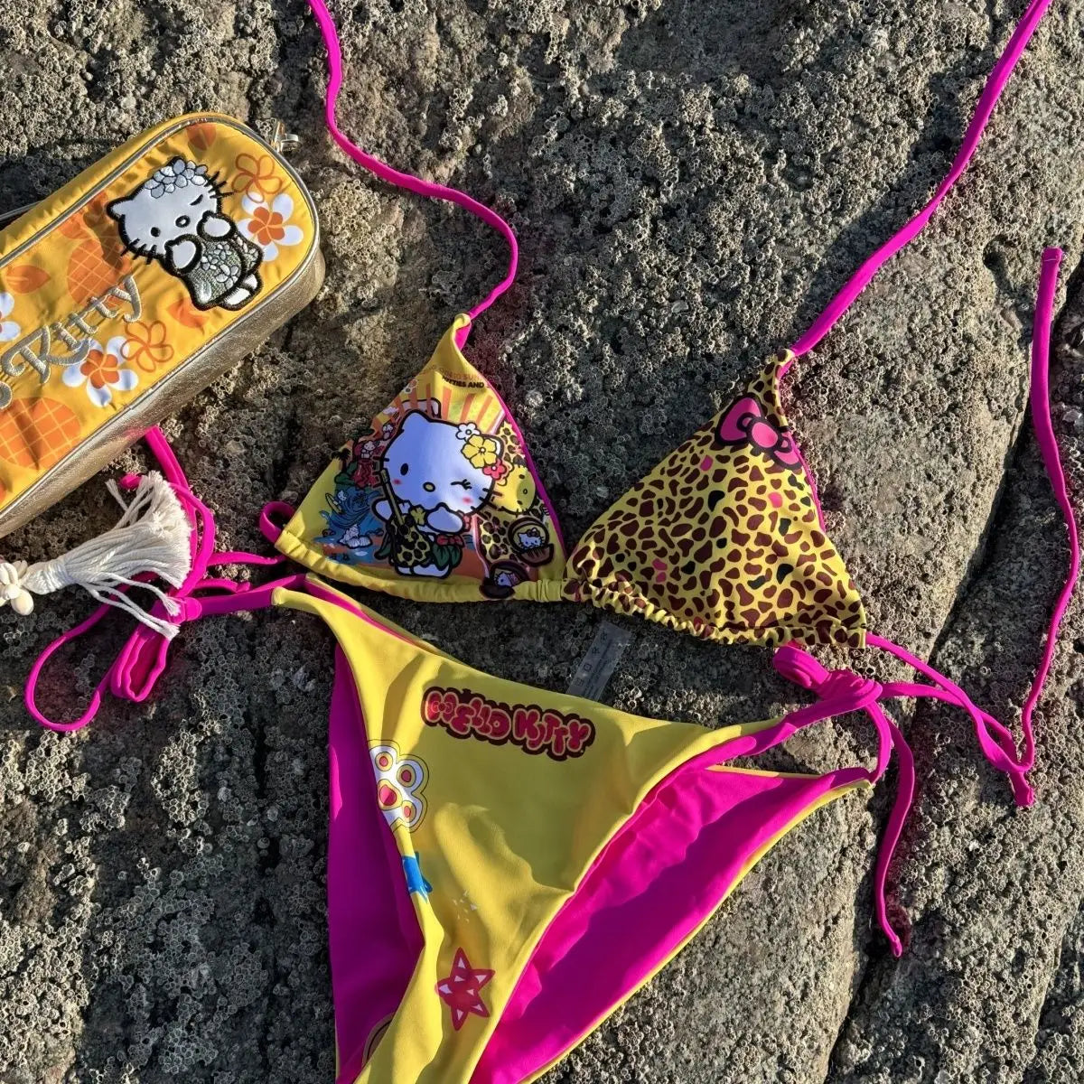 Kawaii Japanese Hello Kitty Girls Split Strap Summer Bikini Seaside Fashion Resort Swimsuit Leopard Print Cartoon Dopamine Swim