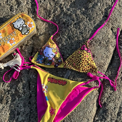 Kawaii Japanese Hello Kitty Girls Split Strap Summer Bikini Seaside Fashion Resort Swimsuit Leopard Print Cartoon Dopamine Swim