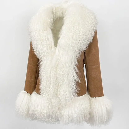 Autumn Winter Women Coat Real Natural Mongolia Sheep Fur Turn-down Collar New Fashion Jacket Thick Warm Casual Overwear