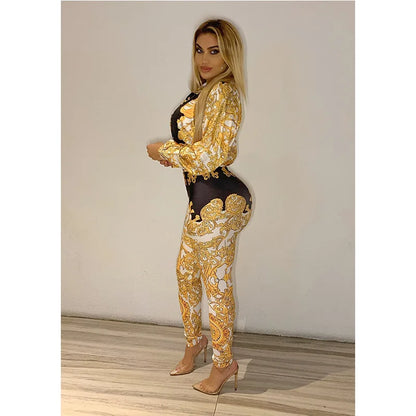 2024 New Elegant Fashion Two-piece Chic Vintage Printed Long-sleeved Shirt Slim Small Foot Trousers Women Tops+Pants 2-piece Set
