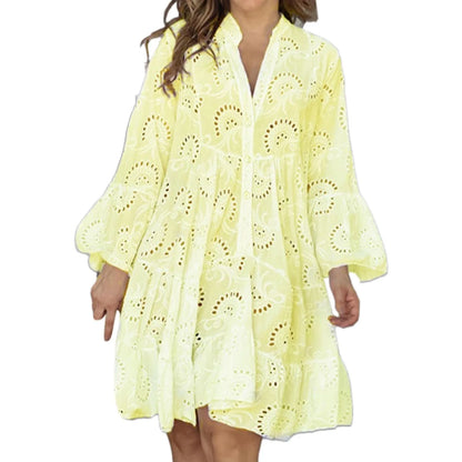 Plus Size S-5XL Hollow Out Dresses for Women Summer Elegant Solid Embroidered Lace Dress Loose Holiday Beach Mini Dress White
