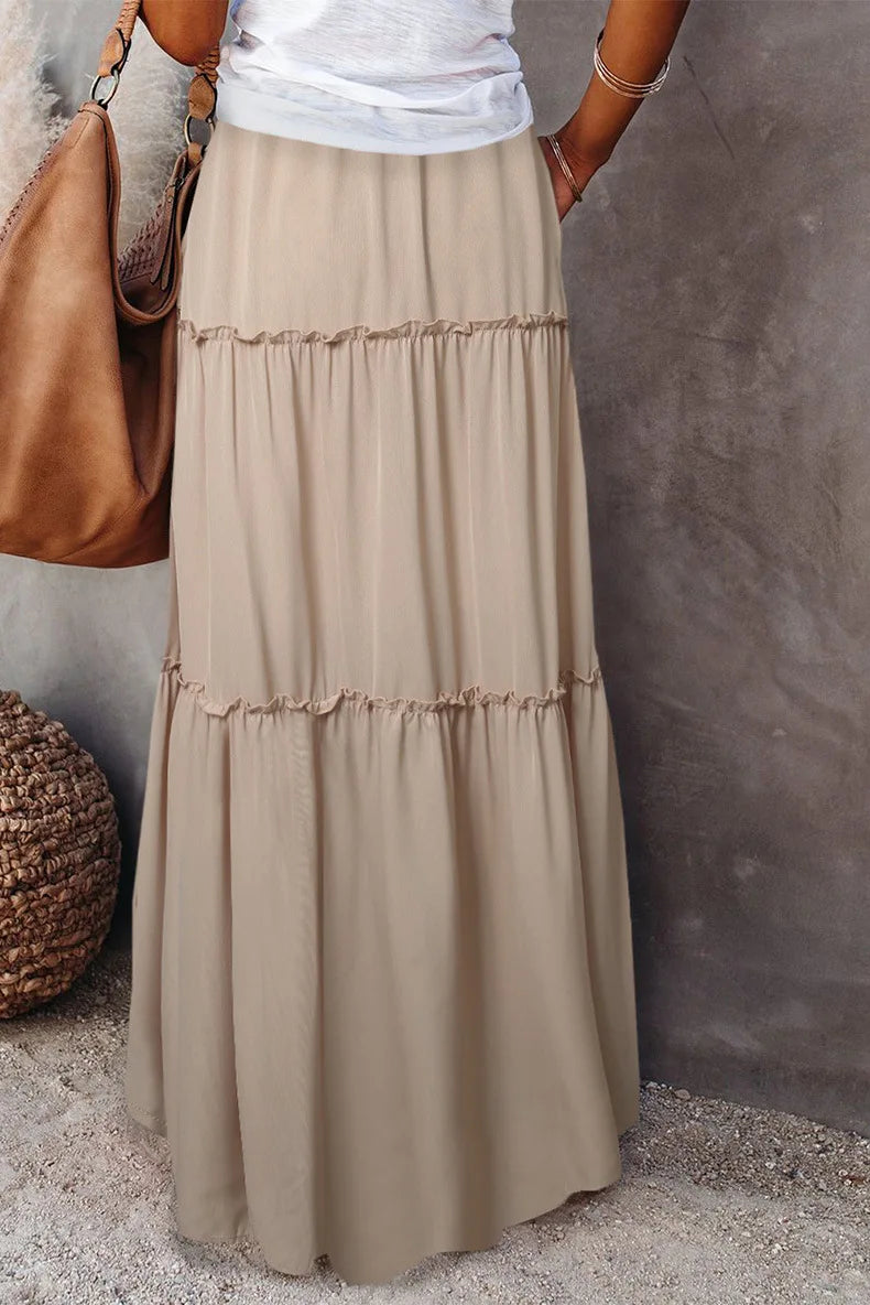 Women's Spring  Autumn New Long Skirt Solid Color Fashionable Mushroom Layered Skirt High Waist Elastic Ruffle Skirt