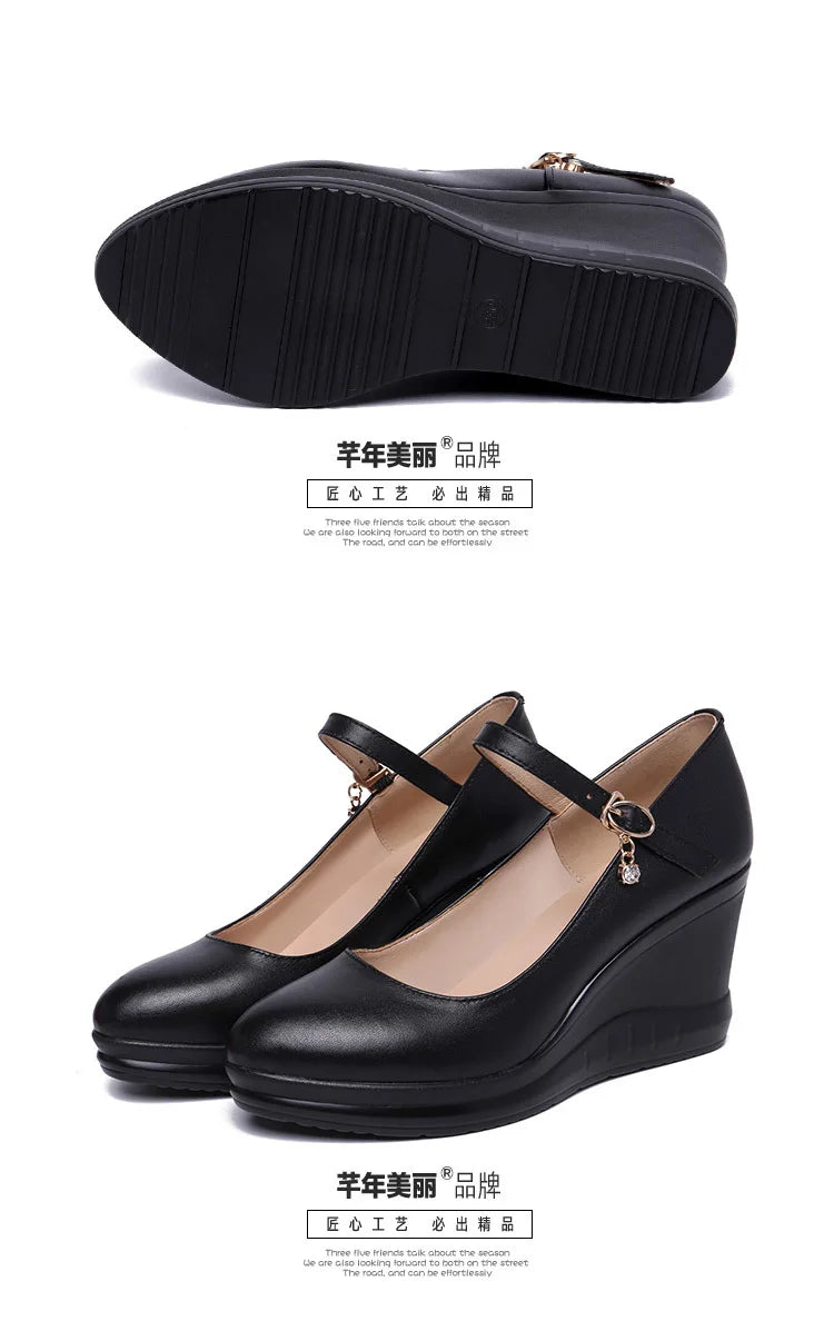high quality leather shoe for women 7cm wedge high heel platform round toe 32 33 42 43 elegant and fashion shoe white red black