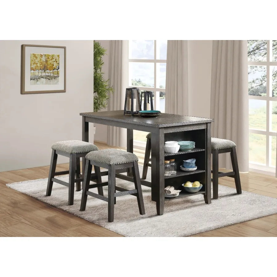 Gray Finish 5pc Counter Height Set Multifunctional Counter Height Table with 4 Stools Gray Chenille Upholstery Nail Trim Dining