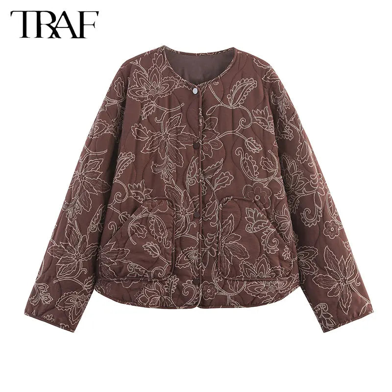 TRAF Early Autumn New Women's Elegant Printed Quilted Coat Women's Single Breasted Coat Women's Retro Street Clothing Jacket