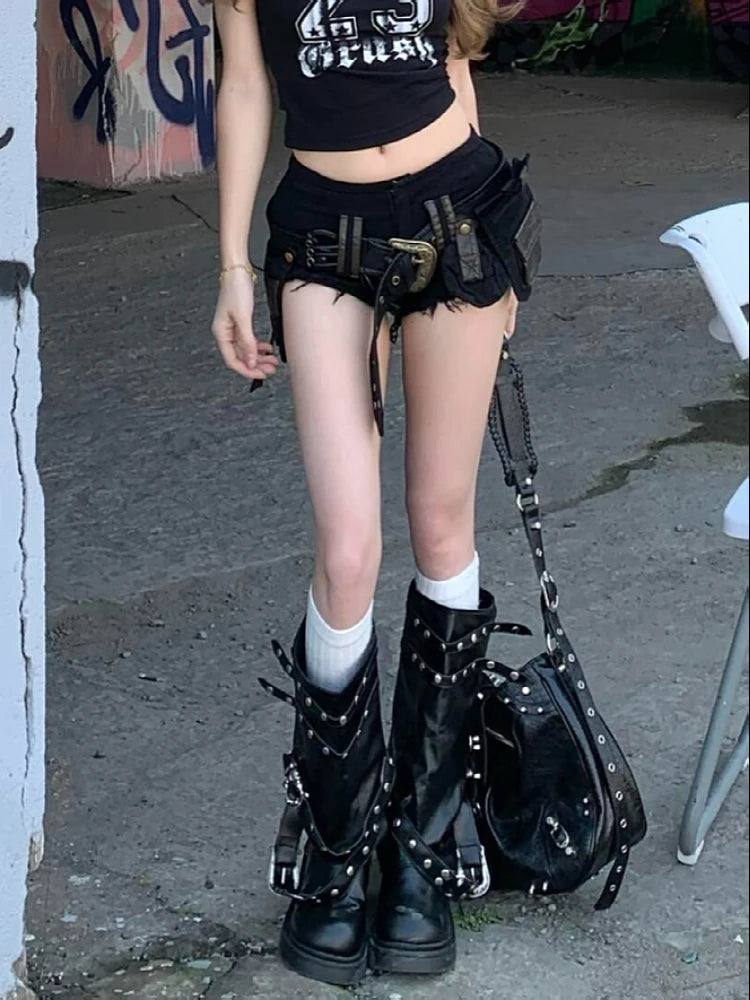 Summer Women Goblin Core Gyaru Coquette Low Rise Denim Shorts With Belt Japanese Harajuku Jean Hot Pants Dark Academia Kpop Y2k