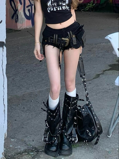 Summer Women Goblin Core Gyaru Coquette Low Rise Denim Shorts With Belt Japanese Harajuku Jean Hot Pants Dark Academia Kpop Y2k