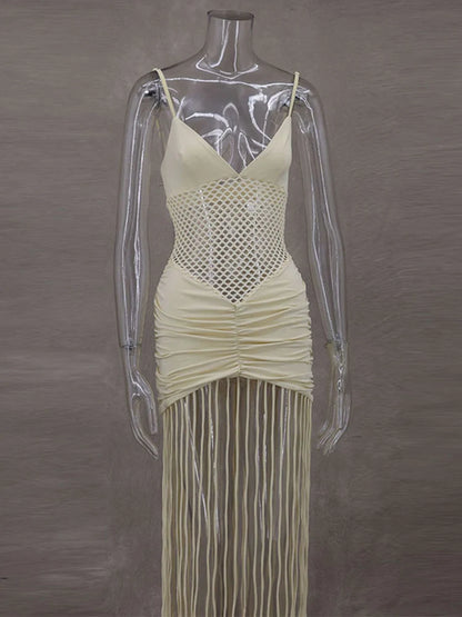 Hollow Out See-through Long Dress Women Holiday Tassels High Waist Sleeveless Strap Dresses Female Backless Evening Club  Robe