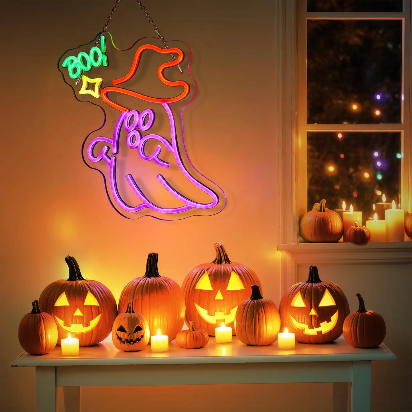 EtherealBe witch hat Halloween wall decoration with glowing ghost and festive pumpkins for seasonal decor