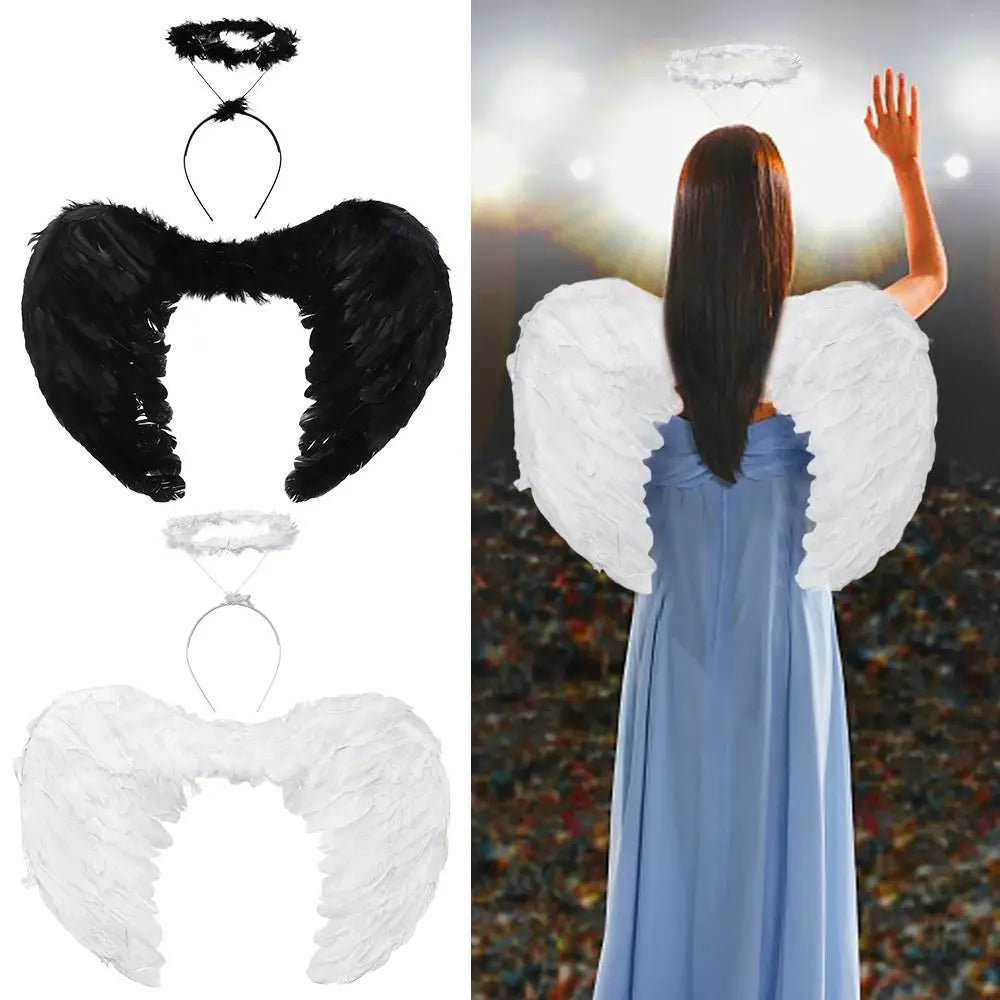EtherealBe angel wings halo costume set featuring white and black feather wings with a matching halo