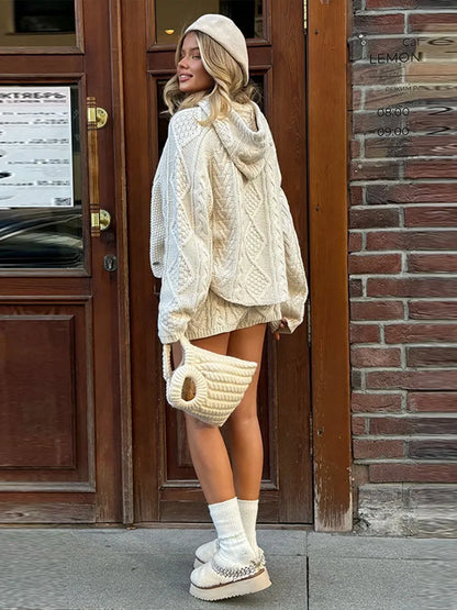 White Cable Knit Argyle Hooded Co-ord Set Long Sleeve Sweater Bodycon Shorts 2025 Cozy Retro Women Sets Daiy Casual Lady Outfit