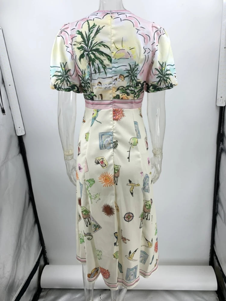 Bohemia Beach Print A-line White Summer Dress Women Casual O-neck Puff Sleeve Midi Dress Holiday Women Outfits Chic Party Dress