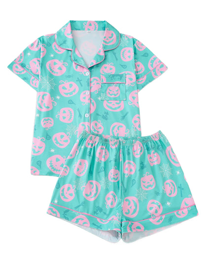 Women Halloween Pumpkin Bat Print Pajama Set,Breathable Lapel Loungewear Short-Sleeved Roll-Neck Shirt and Loose Shorts S-XXL