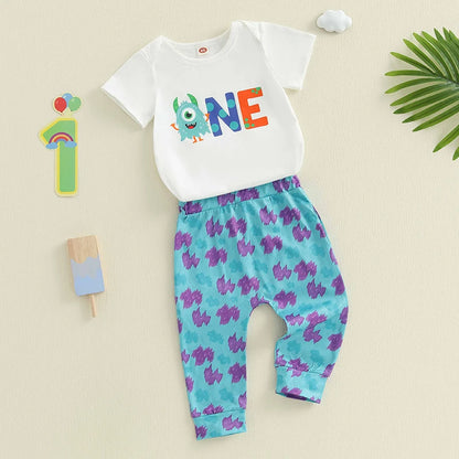 Baby Boys 1st Birthday Outfits Dinosaur Print Short Sleeve Bodysuit and Pants 2Pcs Clothing Set for Toddler Boys Party Wear