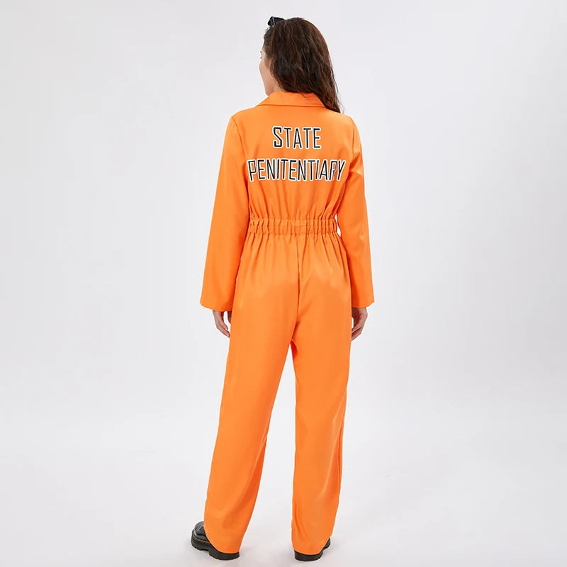 Adult Halloween Orange Prison Jumpsuit Costume Letter Print Long Sleeve Party Cosplay Jail Outfit Playsuit for Men and Women
