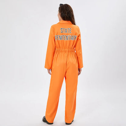 Adult Halloween Orange Prison Jumpsuit Costume Letter Print Long Sleeve Party Cosplay Jail Outfit Playsuit for Men and Women