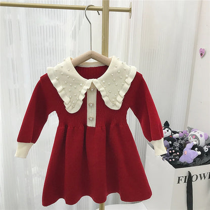 Kids Merry Christmas Pearl Beading Peter Pan Collar Long Knitted Sleeve Outfit