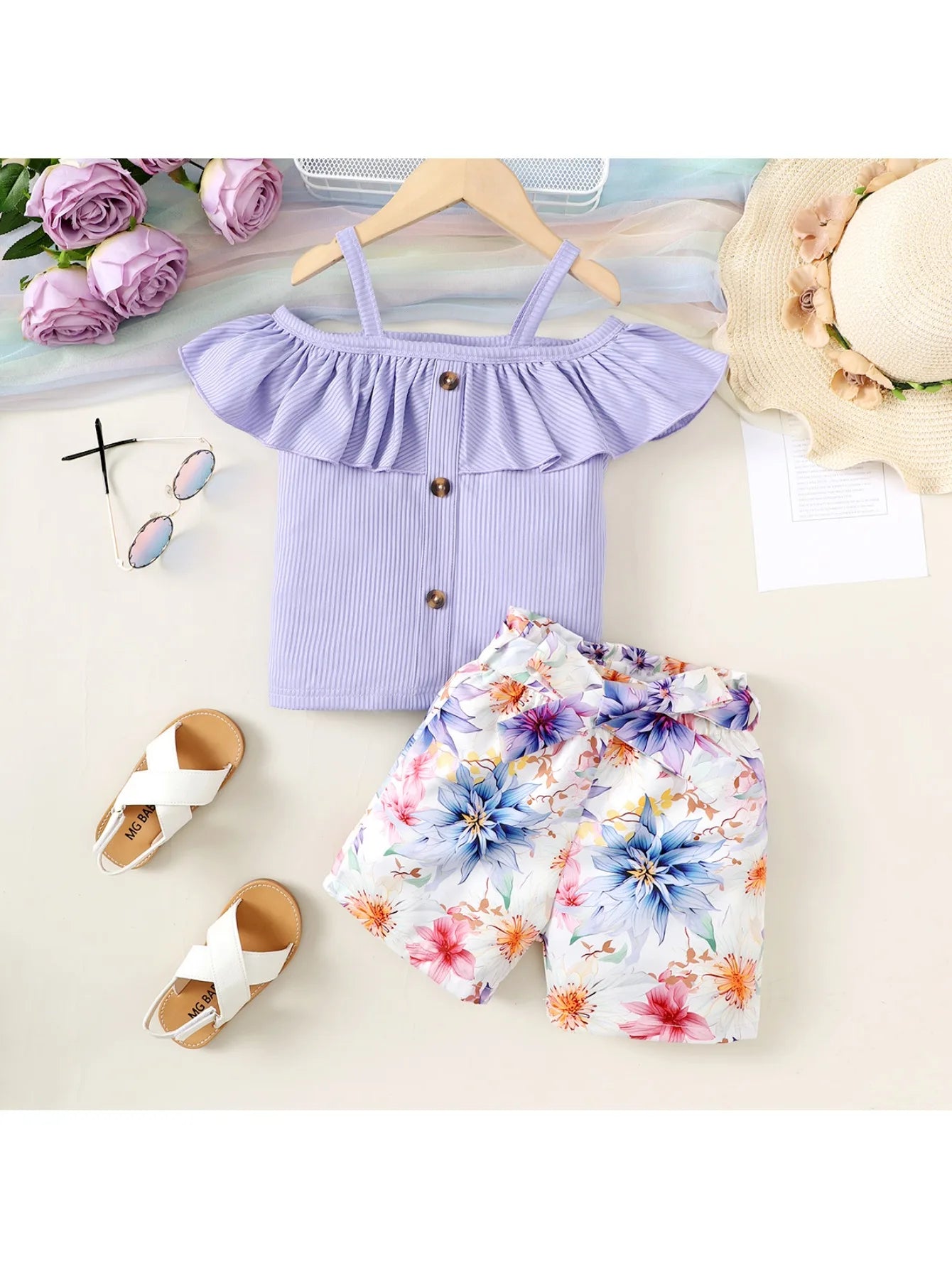 2PCS Child Girl Clothes Set Shoulder Leakage Short Sleeve Top+Flower Shorts with Bow Summer Lovely Wear for Kid Girl 4-7 Years