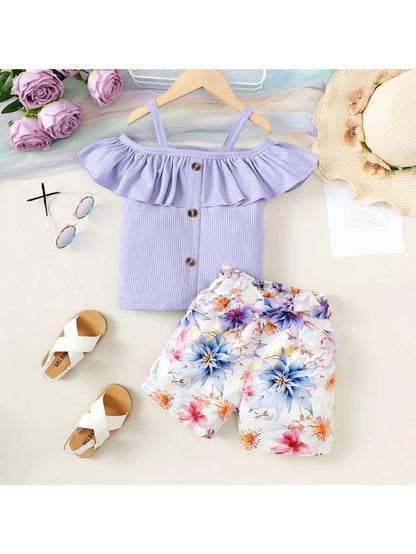 2PCS Child Girl Clothes Set Shoulder Leakage Short Sleeve Top+Flower Shorts with Bow Summer Lovely Wear for Kid Girl 4-7 Years