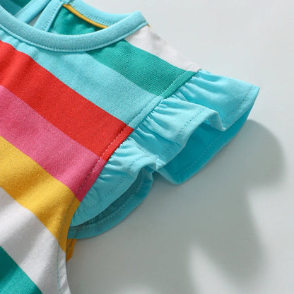 Kids Clothes 2025 New Summer Children's Clothing Cartoon Rainbow Striped Dresses Cotton Casual Vestidos  Gifts