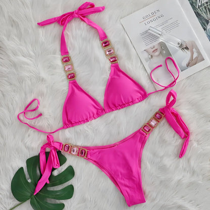 Sexy Rhinestone Bikini Set Women 2025 Luxury Pink Crystal Diamond Push Up Bandage Thong Swimsuit Beach Bathing Suit Swimwear