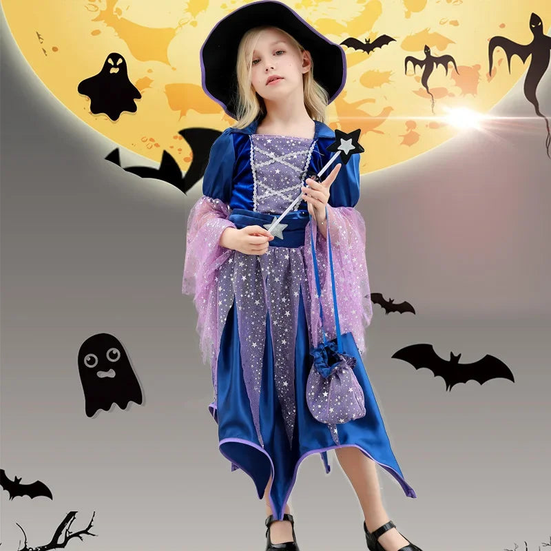 EtherealBe Halloween witch costume with bag for kids featuring a purple dress and star wand