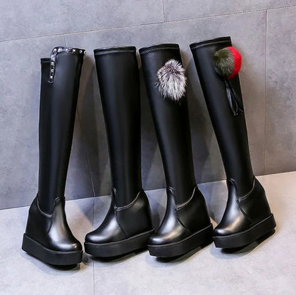 Knee Thigh High New In Women's Boots Genuine Leather Fur Long Shoes for Women Winter 2025 Wedges Chunky Platform Heeled Black