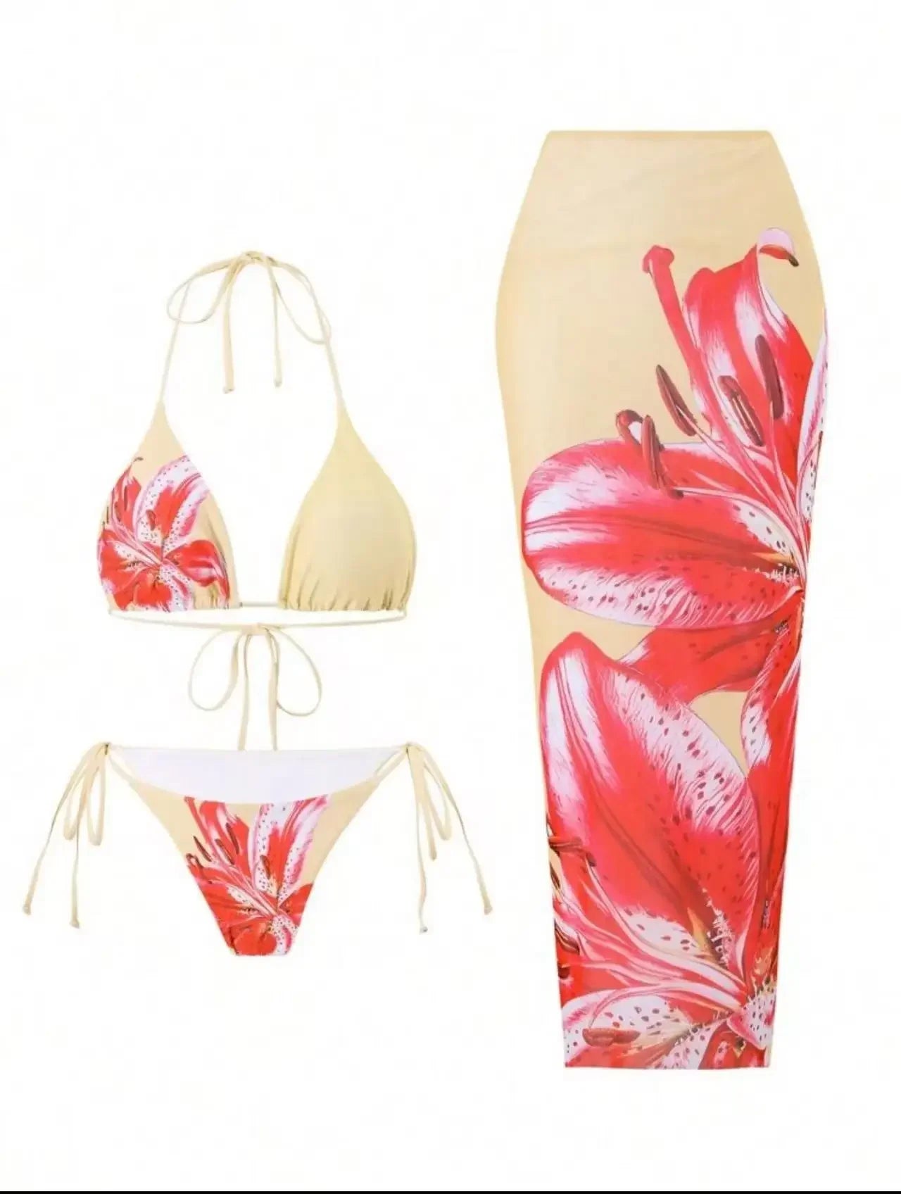 Sexy Print Three-piece Swimsuit Set Charms Lilies Limited Edition Bikini Set Attractiveness Sensuality Fashionable Women's Wear