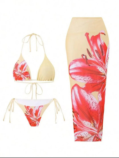 Sexy Print Three-piece Swimsuit Set Charms Lilies Limited Edition Bikini Set Attractiveness Sensuality Fashionable Women's Wear
