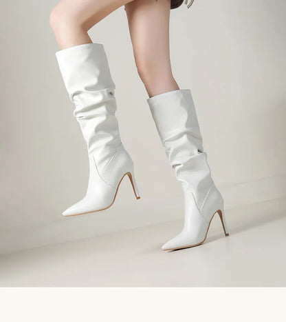 2025 Winter Knee Boots With Heels Woman 10CM Stiletto Fashion Slip on Pointy Autumn Shoes Women Soft Leather Pleated Long Boots