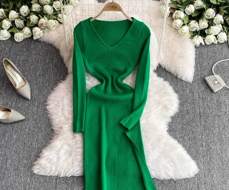 Autumn Winter Sexy High Split Sweater Dress Women Full Sleeve Basic Slim Elastic Bodycon Long Dress Party Vestidos
