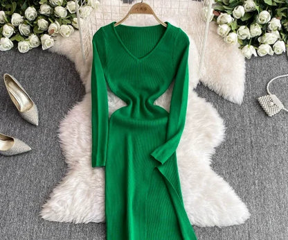 Autumn Winter Sexy High Split Sweater Dress Women Full Sleeve Basic Slim Elastic Bodycon Long Dress Party Vestidos