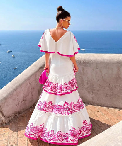 New Shadow Cap Midi Dresses Women Cloak Sleeves Dress V Neck Halter Boho Summer Party Evening Female Vestidos Robe Summer